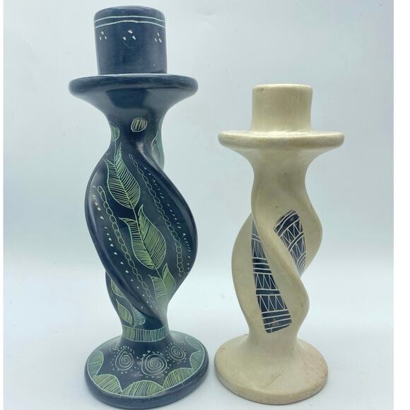 Boho Eclectic pair mismatched hand carved Soapstone candle holder Grey, white - Picture 1 of 7